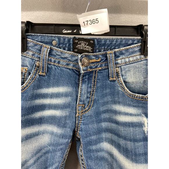 Bebock for Express Jeans Womens Sz 2 Boot Cut Denim Distressed Whiskers - Picture 13 of 13